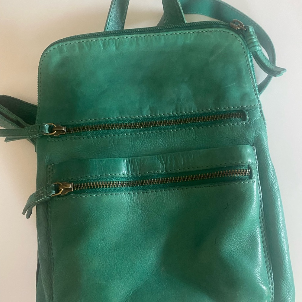 Teal/green leather purse backpack